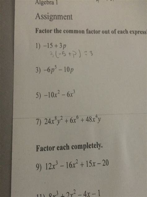 Algebra 1 Factor The Common Factor Out Of Each Expression