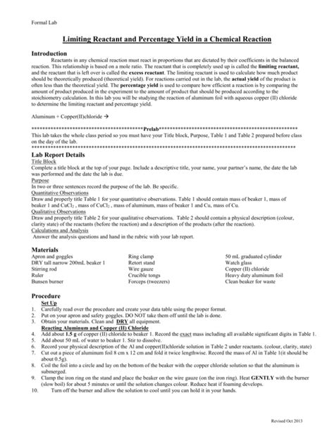 Limiting Reagent And Percent Yield Lab