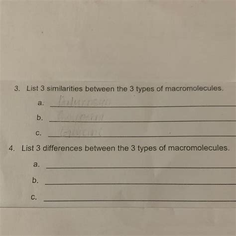 List 3 Similarities Between The 3 Types Of Macromolecules.