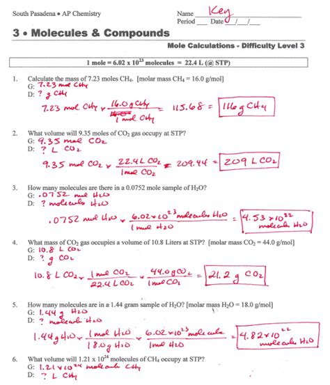 The Mole And Avogadro's Number Worksheet Answers