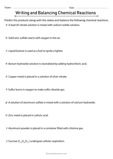 Writing And Balancing Chemical Equations Worksheet